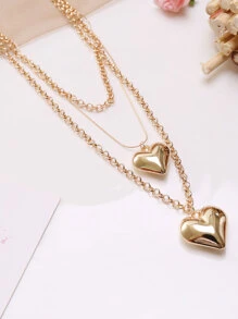 Heart Charm Layered Necklace - Yellow Gold - View 3
