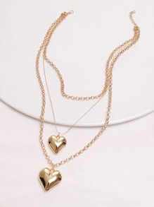 Heart Charm Layered Necklace - Yellow Gold - View 4