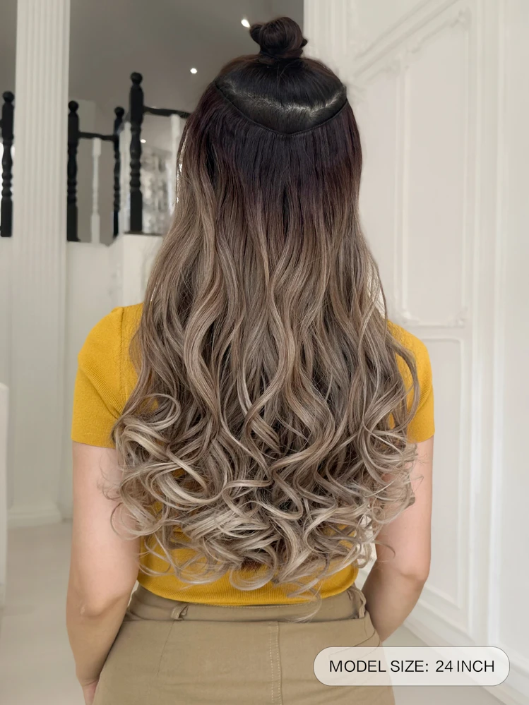 Extension per capelli con molletta a forma di V sfumati, lunghi 24 pollici, ondulati e naturali, in fibra sintetica resistente al calore, per donne e ragazze, per feste e uso quotidiano - Multicolore - Visualizzare 5