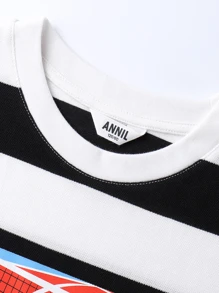 Annil Maglietta estiva a manica corta per ragazzi, casual a blocchi di colore, strisce alla moda, girocollo, top per bambini