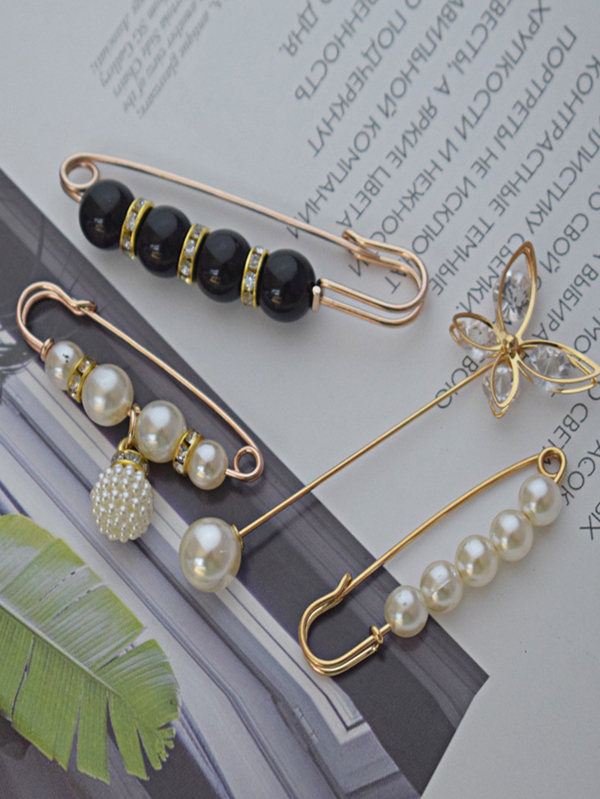 4pcs Women's Clothing Brooch Set Pearl Rhinestone Brooches for Women