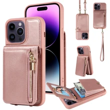 斜背皮夾式保護殼相容於 Iphone 15 14 13 12 11 Pro Max Plus Se Xs Max Xr X 7 8 Plus 手機殼卡夾腕帶女式拉鍊皮革 Rfid 屏蔽保護套 - 玫瑰金 - 查看 2