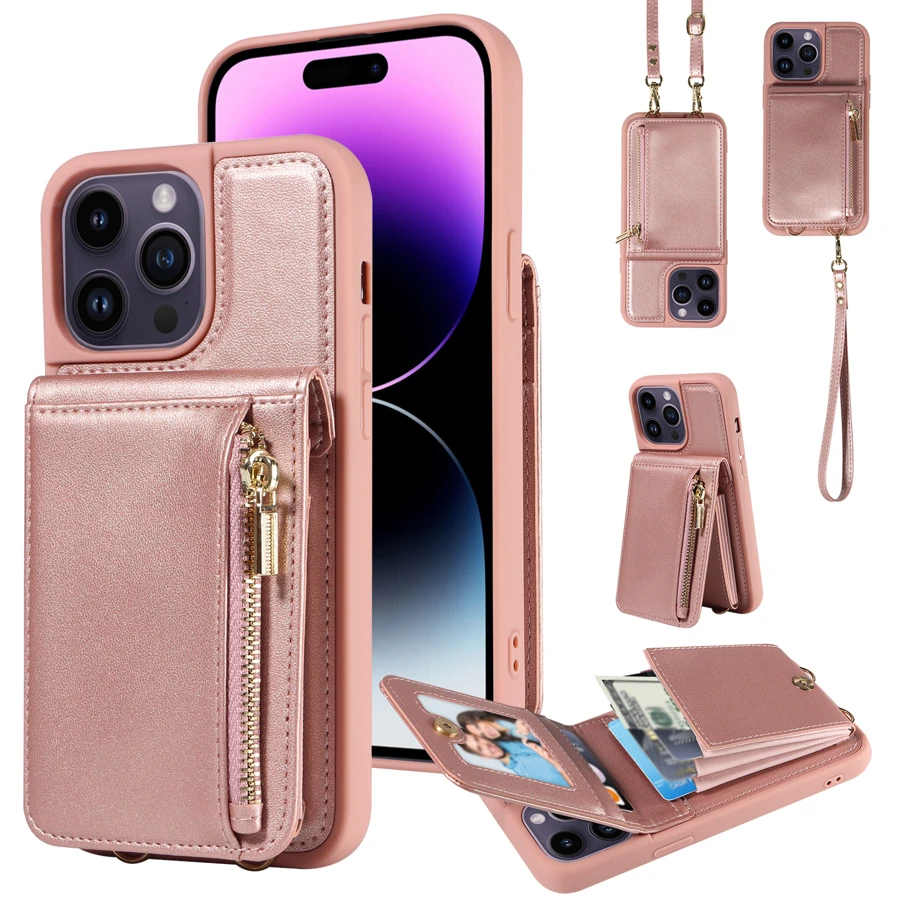 斜背皮夾式保護殼相容於 Iphone 15 14 13 12 11 Pro Max Plus Se Xs Max Xr X 7 8 Plus 手機殼卡夾腕帶女式拉鍊皮革 Rfid 屏蔽保護套