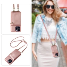 斜背皮夾式保護殼相容於 Iphone 15 14 13 12 11 Pro Max Plus Se Xs Max Xr X 7 8 Plus 手機殼卡夾腕帶女式拉鍊皮革 Rfid 屏蔽保護套 - 玫瑰金 - 查看 12