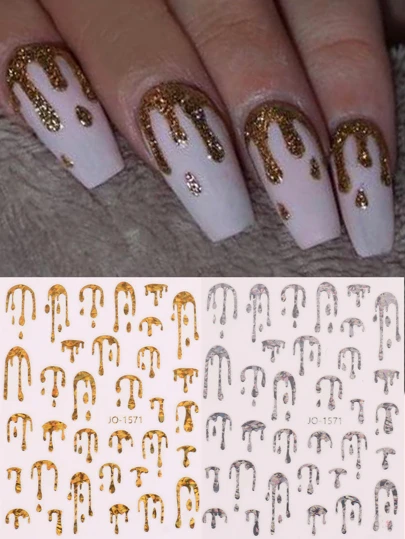 FULL BEAUTY 2 件激光金色银色美甲贴纸不对称几何贴花夏季融化 3D 设计美甲滑块美甲配件