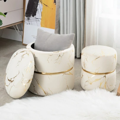 Fumahaus Pack Of 2 Khaki Round Bronzing Storage Ottoman Modern Velvet Upholstered Ottoman Stool Luxurious Poufs Sofa Footrest For Living Room Makeup Vanity Stool For Bedroom Room Decor