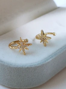 1對時尚不銹鋼方晶鋯石裝飾星形耳夾適合女士適用於裝飾用品 - 金黃色 - 查看 3