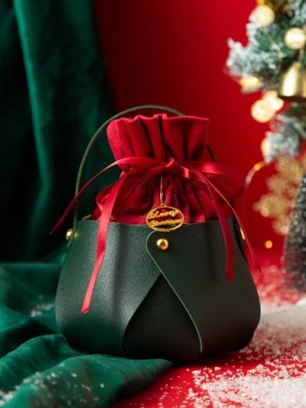 1 个绿色皮革 + 红色天鹅绒组合礼品袋，适用于糖果、苹果、其他小礼物，适合圣诞节、圣诞夜等装饰礼品袋