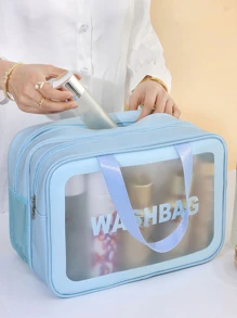 1pc New Large Capacity Portable Pvc Waterproof Makeup Bag With Multiple Functions, Double Layer Toiletry Bag For Travel, Frosted Care Bag - Blue - View 1