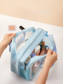 1pc New Large Capacity Portable Pvc Waterproof Makeup Bag With Multiple Functions, Double Layer Toiletry Bag For Travel, Frosted Care Bag - Blue - View 3