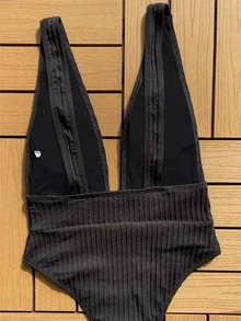Ribbed Knit Plunging Neck Backless Sports One Piece Swimsuit Summer