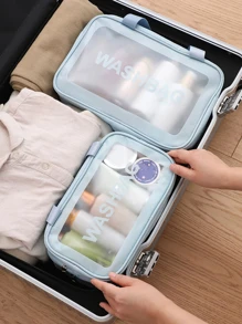 1pc New Large Capacity Portable Pvc Waterproof Makeup Bag With Multiple Functions, Double Layer Toiletry Bag For Travel, Frosted Care Bag - Blue - View 5