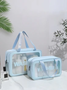 1pc New Large Capacity Portable Pvc Waterproof Makeup Bag With Multiple Functions, Double Layer Toiletry Bag For Travel, Frosted Care Bag - Blue - View 4