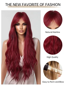 Parrucca lunga 26 pollici con frangia, colore vino rosso e marrone, parrucca lunga e ondulata di moda per donne, capelli sintetici eleganti e casual, resistente al calore, per uso quotidiano, feste, Natale, offerte speciali.