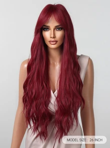 Parrucca lunga 26 pollici con frangia, colore vino rosso e marrone, parrucca lunga e ondulata di moda per donne, capelli sintetici eleganti e casual, resistente al calore, per uso quotidiano, feste, Natale, offerte speciali.