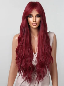 Parrucca lunga 26 pollici con frangia, colore vino rosso e marrone, parrucca lunga e ondulata di moda per donne, capelli sintetici eleganti e casual, resistente al calore, per uso quotidiano, feste, Natale, offerte speciali.