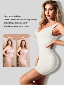 Sexy V Neck Tummy Control Shapewear Slip Dress - White - View 3