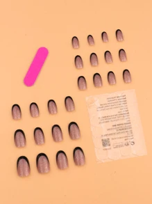 Upgrade Your Look With 24pcs Black French Tip Press On Nails, Short Oval Glitter Full Cover Fake Nail Kit Nail Supplies