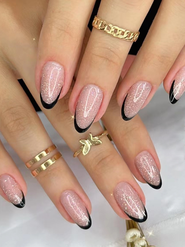 Upgrade Your Look With 24pcs Black French Tip Press On Nails, Short Oval Glitter Full Cover Fake Nail Kit Nail Supplies