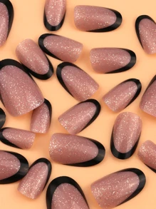 Upgrade Your Look With 24pcs Black French Tip Press On Nails, Short Oval Glitter Full Cover Fake Nail Kit Nail Supplies