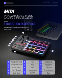 Donner MIDI Controller for Beginners DJ Equipment Music Producers MIDI Pad Beat Maker Portable with 16 Beat Pads 2 Assignable Fader Knobs Music Production Software Included USB MIDI Pad Controller DPD-16 - 黑色 - 查看 11