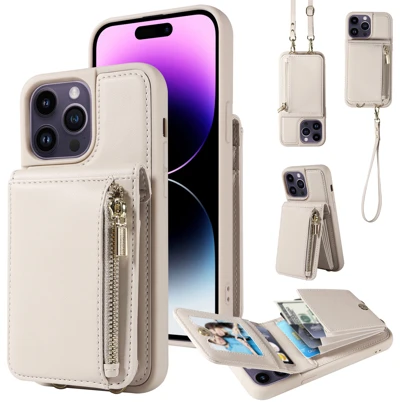 Crossbody Wallet Case Compatible With IPhone 15 14 13 12 11 Pro Max Plus SE XS Max XR X 7 8 Plus Phone Case With Card Holder Wrist Strap For Women Zipper Leather RFID Blocking Cover