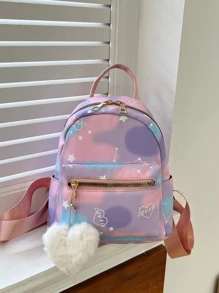1 件时尚扎染心形和星星印花青少年背包，配有可爱的绒球吊坠，适合日常使用 - 彩色 - 查看 4