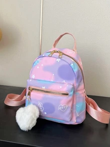 1 件时尚扎染心形和星星印花青少年背包，配有可爱的绒球吊坠，适合日常使用 - 彩色 - 查看 3