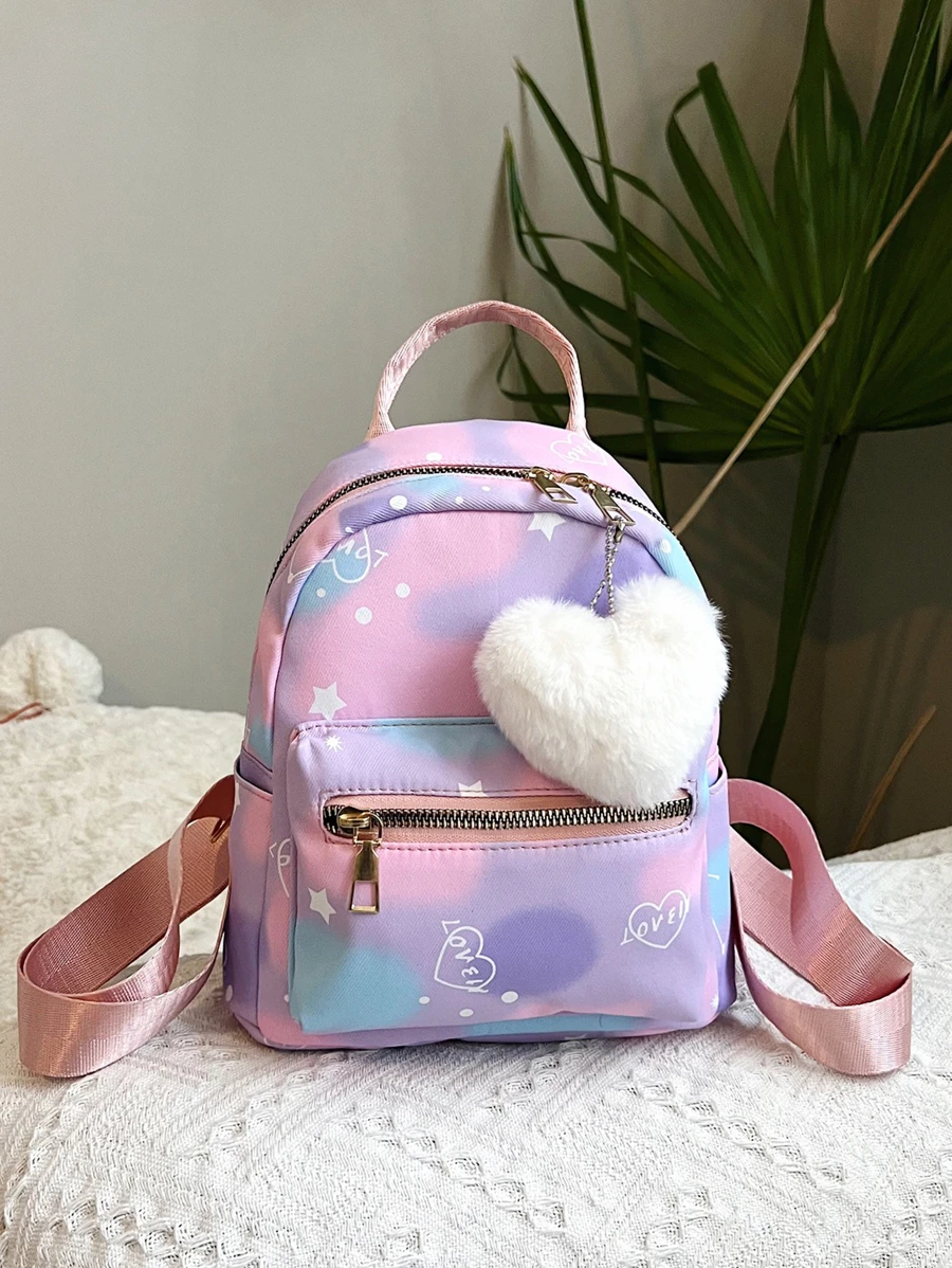 1 件时尚扎染心形和星星印花青少年背包，配有可爱的绒球吊坠，适合日常使用 - 彩色 - 查看 1