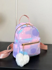 1 件时尚扎染心形和星星印花青少年背包，配有可爱的绒球吊坠，适合日常使用 - 彩色 - 查看 2