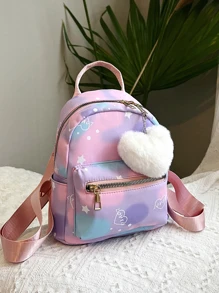 1 件时尚扎染心形和星星印花青少年背包，配有可爱的绒球吊坠，适合日常使用 - 彩色 - 查看 5
