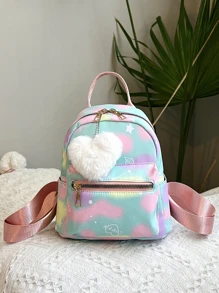 1pc Tie-Dye Tie Dye Heart & Star Print Backpack For Teenagers, Stylish Bookbag With Pom Pom Decor, Suitable For Everyday Use - Multicolor - View 2