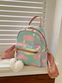 1pc Tie-Dye Tie Dye Heart & Star Print Backpack For Teenagers, Stylish Bookbag With Pom Pom Decor, Suitable For Everyday Use - Multicolor - View 3