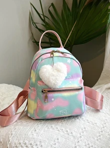 1pc Tie-Dye Tie Dye Heart & Star Print Backpack For Teenagers, Stylish Bookbag With Pom Pom Decor, Suitable For Everyday Use - Multicolor - View 4