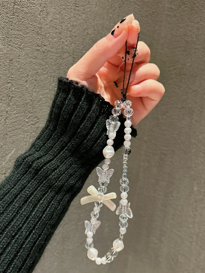 1pc Bow Decor Beaded Phone Lanyard