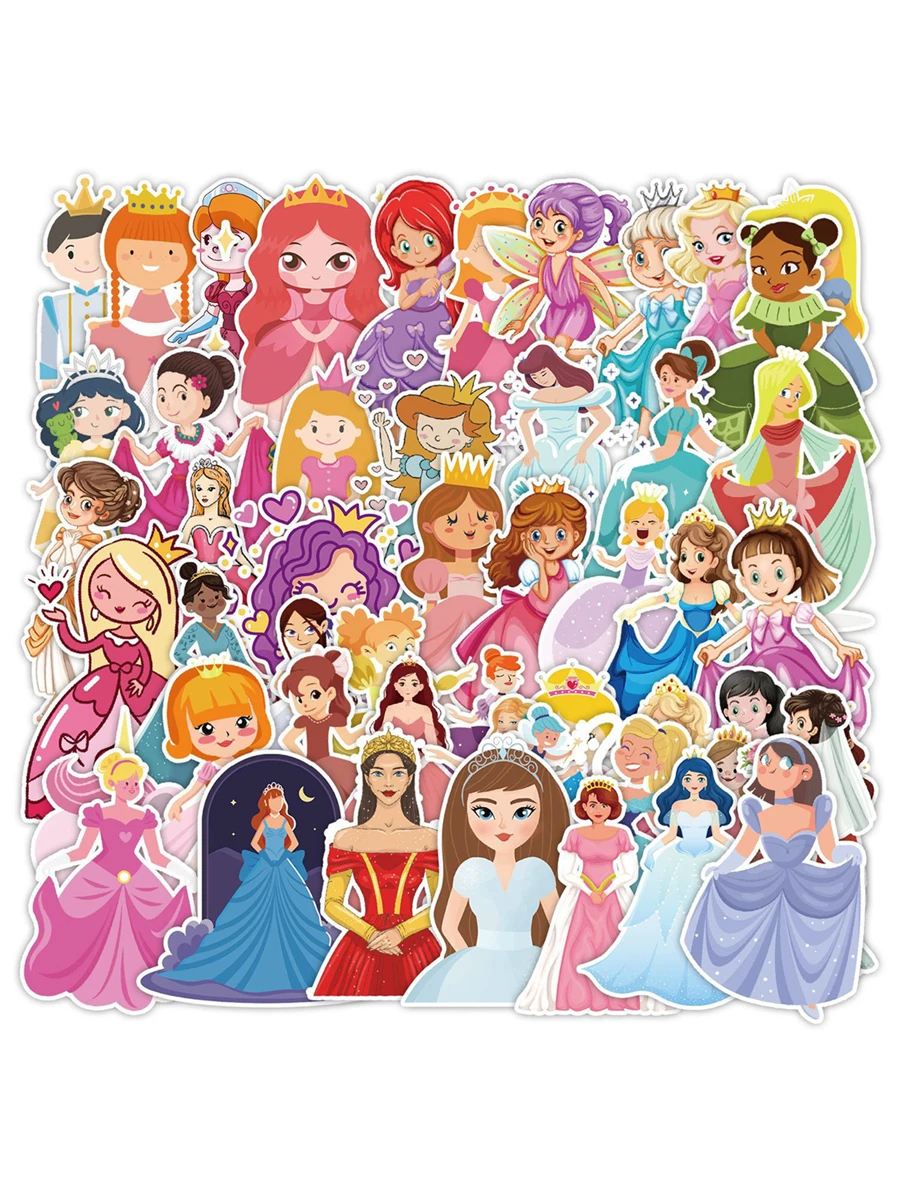 可愛公主卡通貼紙包,50入組審美貼花,乙烯基防水貼紙筆記本電腦,吉他,摩托車,自行車,滑板,行李,手機,禮品適用於兒童青少年生日派對 - 彩色 - 查看 1