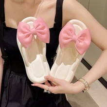 夏季厚底粉色蝴蝶結白色EVA人字拖，女款平底沙灘涼鞋 - 白色 - 查看 1