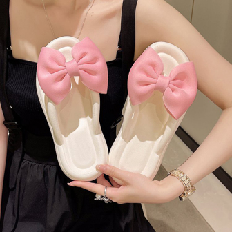 Thick-Soled Pink Bowknot White EVA Flip Flops, Slip-On Flat Beach Sandals For Women In Summer