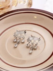 1 cặp bông tai nữ họa tiết mây và tia chớp kết cấu mờ sáng tạo với hình giọt nước đính đá trang trí cá nhân - Bạc - Xem 5