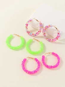 3 cặp/bộ Phong Cách Âu Mỹ Đơn Giản Nhiều Màu Sắc Pha Lê & Kim Cương Giả Đôi Khuyên Tai Vòng - Nhiều màu - Xem 7