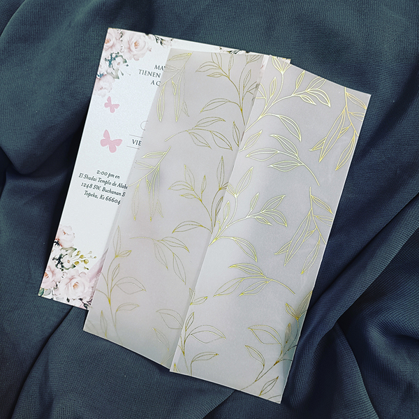 10 Sets Leaves Vellum Wedding Invitation Card Set With Pearl Rhinestone