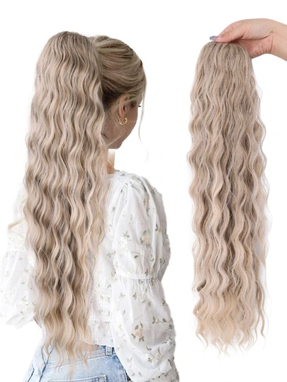 Ponytail Extension, Drawstring Ponytail Hair Extensions 28 Inch Long Curly Wavy Ponytail Natural Wavy Synthetic Hairpiece For Women Daily Use - Light Golden Blonde With White Blonde