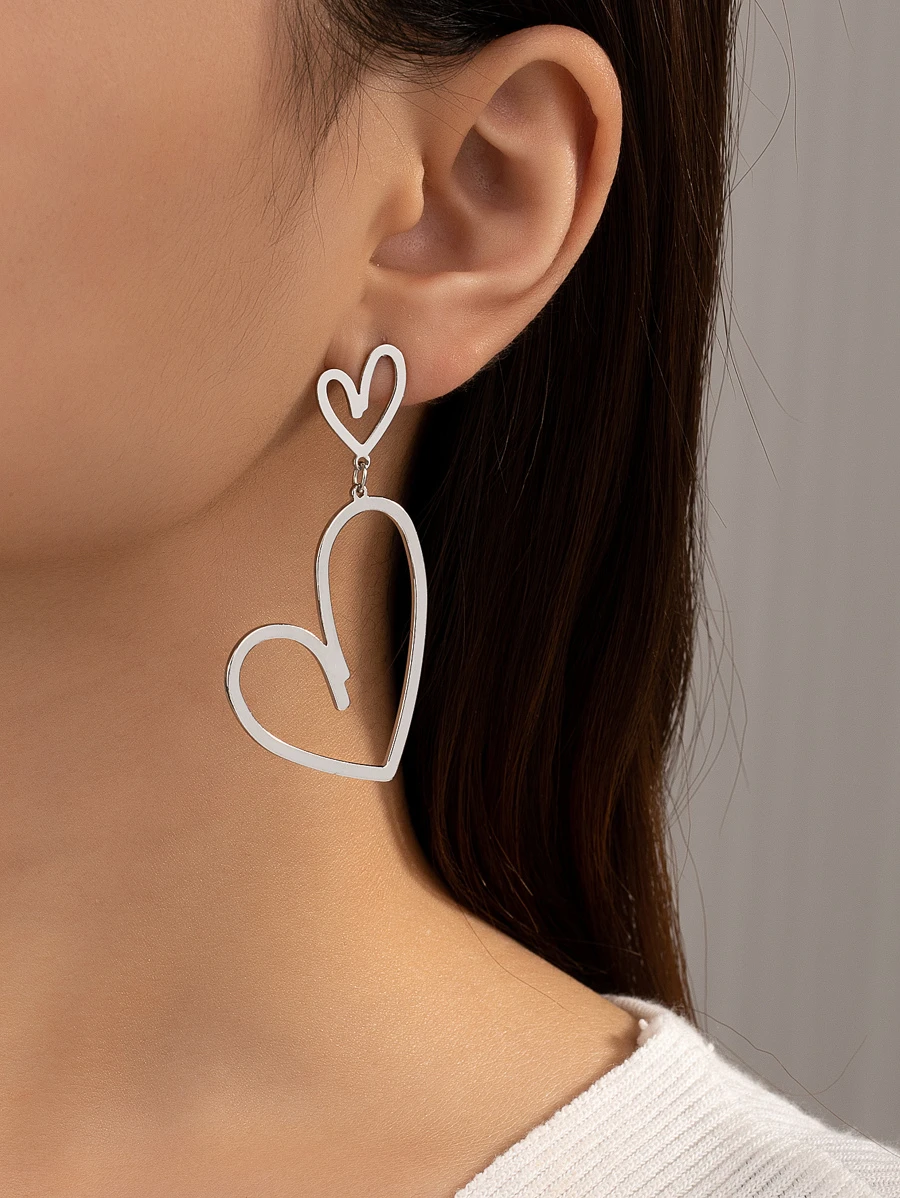 1對幾何和愛心形狀耳環 - 銀色 - 查看 1