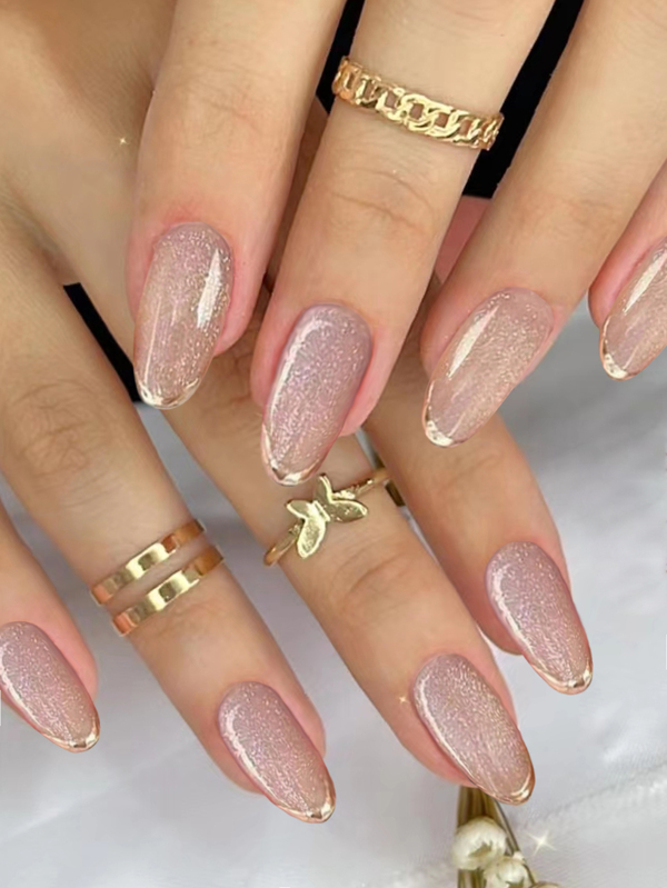 Transform Your Nails With 24pcs Full Cover Short Oval Shape Glitter Gold Edge Decor False Nails & 1pc Double-Sided Tape & 1pc Nail File Press On Nails Nail Supplies