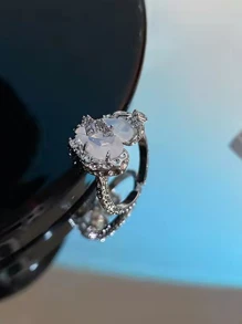 1入組閃亮氧化鋯裝飾女式複古時尚甜美愛心和熔岩開口戒指 - 復古銀色 - 查看 4