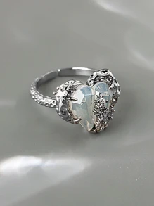 1入組閃亮氧化鋯裝飾女式複古時尚甜美愛心和熔岩開口戒指 - 復古銀色 - 查看 2
