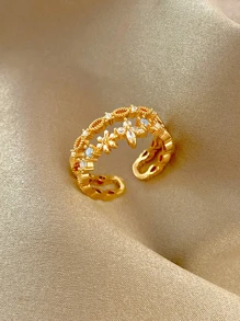 1入組獨特簡約風花卉設計受歡迎奢華方晶鋯石戒指 - 金黃色 - 查看 4