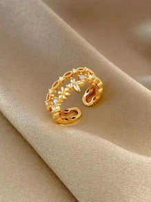 1入組獨特簡約風花卉設計受歡迎奢華方晶鋯石戒指 - 金黃色 - 查看 5