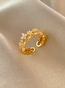 1入組獨特簡約風花卉設計受歡迎奢華方晶鋯石戒指 - 金黃色 - 查看 1