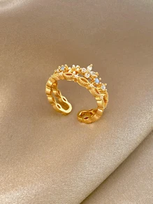 1入組獨特簡約風花卉設計受歡迎奢華方晶鋯石戒指 - 金黃色 - 查看 3